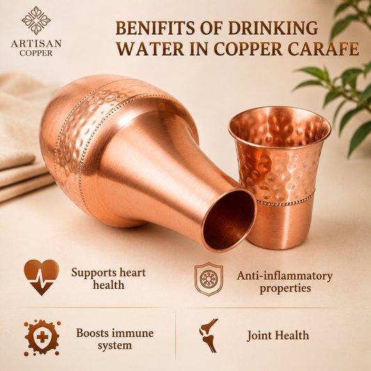 Artisan Copper Pure Copper Bedside Carafe with Tumbler, 1.4 L, Food Grade Handcrafted Copper Water Carafe Set for Bedroom, Nightstand, Office & Home