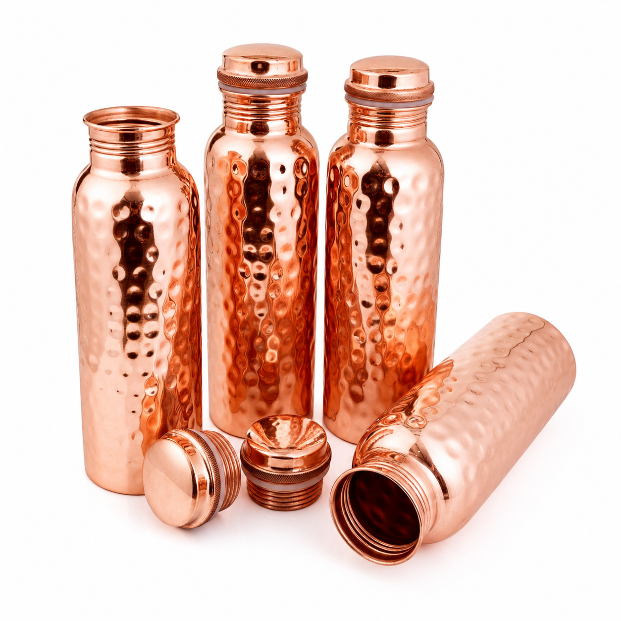 Artisan Copper Set of 4 Pure Copper Water Bottles (25 oz/750 ml) – Handcrafted Food-Grade Copper, Leakproof Ayurvedic Drinking Bottles