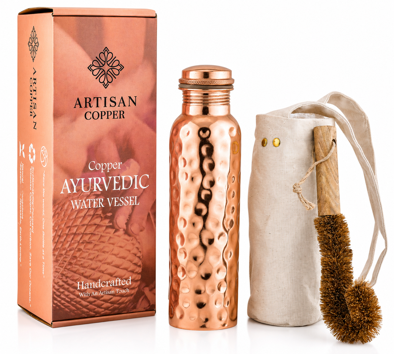 Pure Copper Hammered Bottle (32oz/950ml) With Canvas Carrying Bag & Wooden Cleaning Brush.