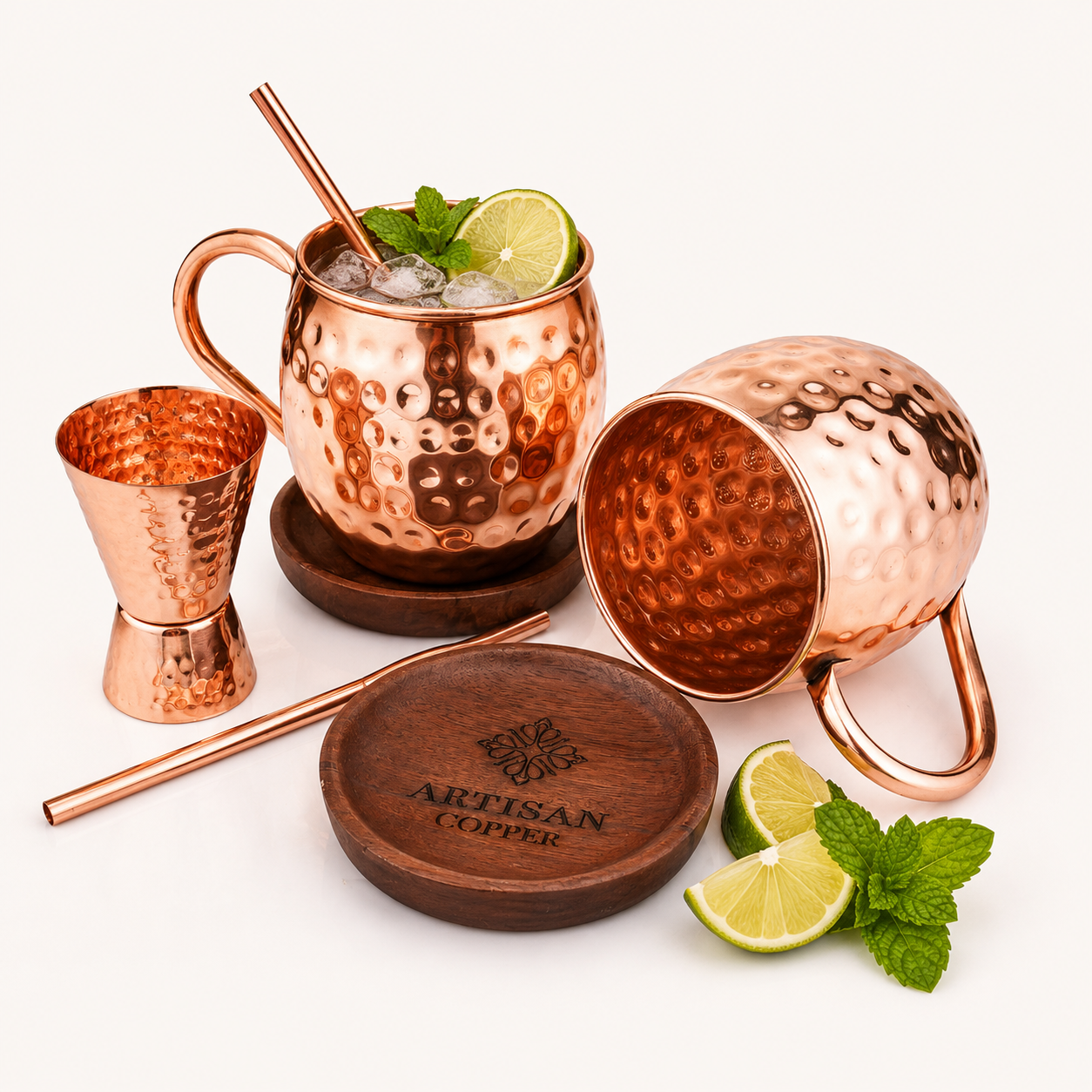 Artisan Copper Pure Copper Moscow Mule Mugs Set of 2 (16 oz) with 2 Copper Straws, 2 Wooden Coasters & 1 Jigger – Handcrafted Hammered Copper Cocktail Cups