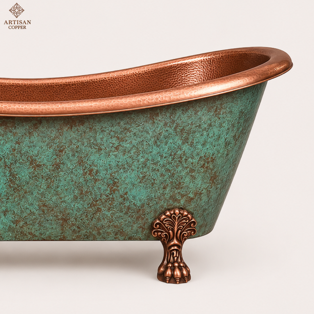 Artisan Copper Patina Clawfoot Freestanding Bathtub – Hand-Hammered Antique Copper Interior with Blue-Green Patina Exterior & Lion Paw Feet