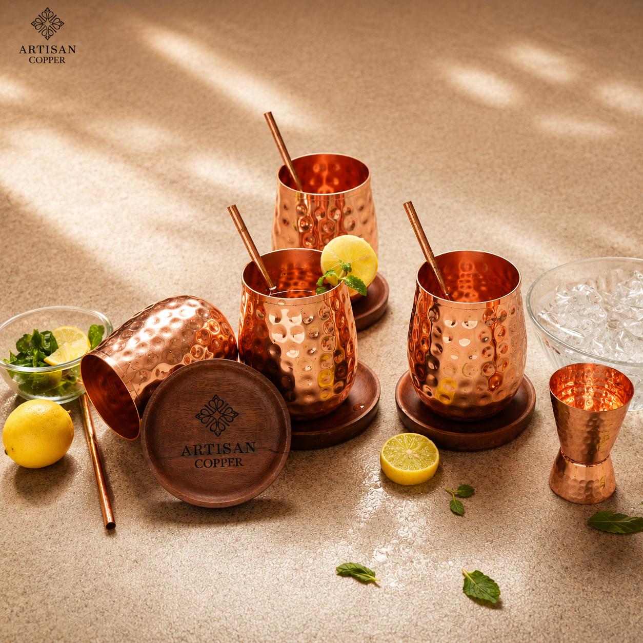 Artisan Copper Pure Copper Wine Glasses Set of 4 (16 oz) with 4 Copper Straws – Handcrafted Hammered Copper Drinking Glasses for Cocktails, Wine & Moscow Mule