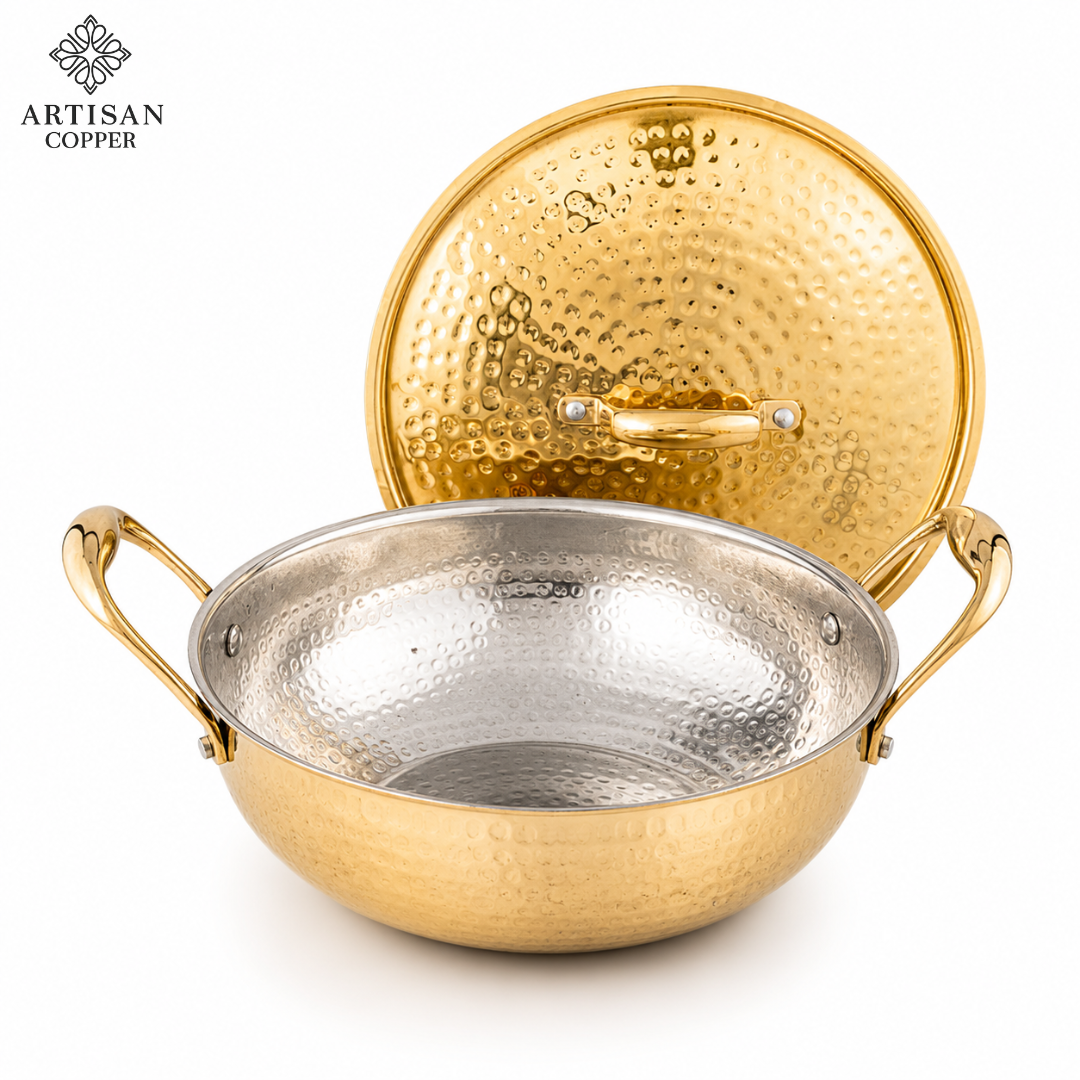 Brass Kadai with Tin-Lined Interior & Brass Lid – 30 cm, 2.25 Litre