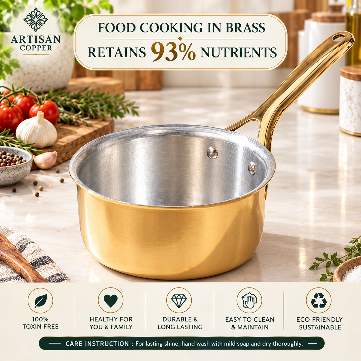 Pure Brass Saucepan with Tin-Lined Interior – Handcrafted Brass Cooking Pot, 1.5 L Capacity