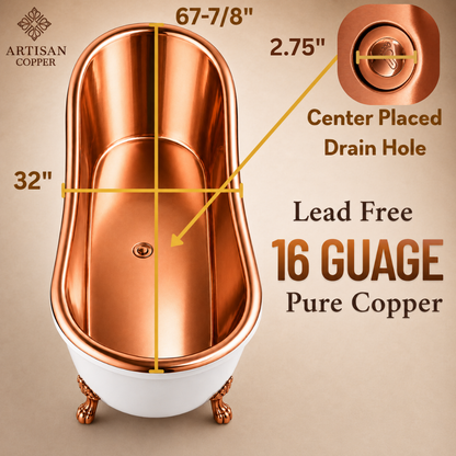 Artisan Copper White Clawfoot Bathtub – 99.9% Pure Copper Freestanding Tub with Shiny Copper Interior & Copper Lion Paw Feet