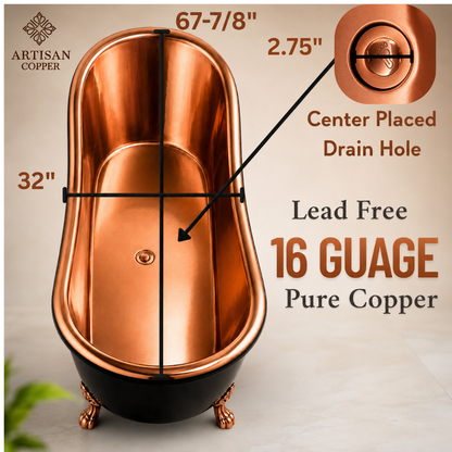 Artisan Copper Black Clawfoot Bathtub – 99.9% Pure Copper Freestanding Tub with Shiny Copper Interior & Copper Lion Paw Feet