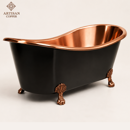 Artisan Copper Black Clawfoot Bathtub – 99.9% Pure Copper Freestanding Tub with Shiny Copper Interior & Copper Lion Paw Feet