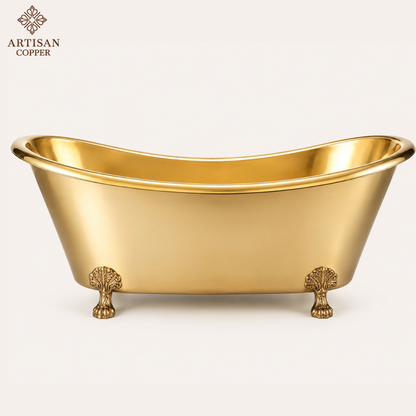 Artisan Copper Brass Clawfoot Bathtub – Pure Brass Freestanding Tub with Shiny Brass Interior & Exterior, Brass Lion Paw Feet