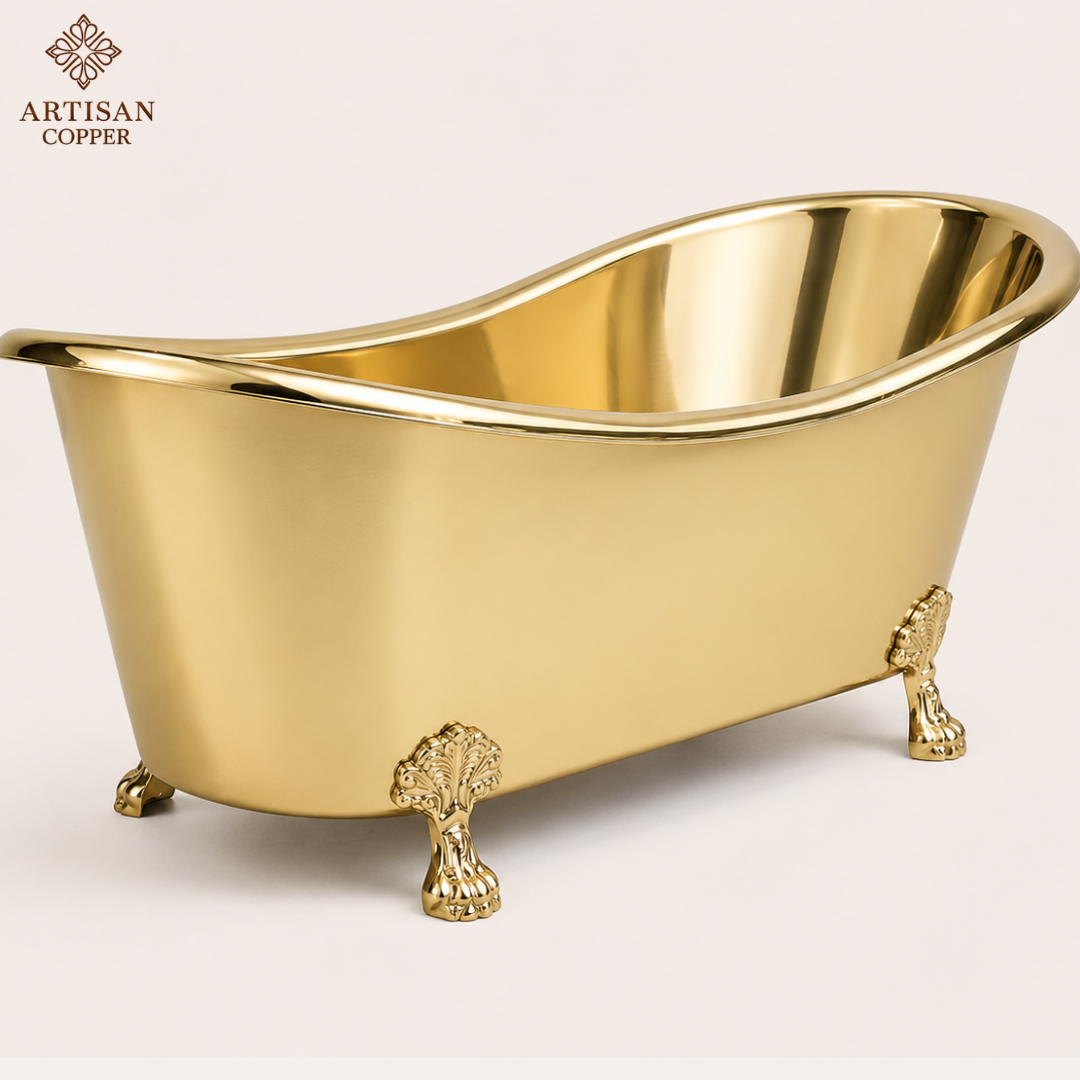 Artisan Copper Brass Clawfoot Bathtub – Pure Brass Freestanding Tub with Shiny Brass Interior & Exterior, Brass Lion Paw Feet
