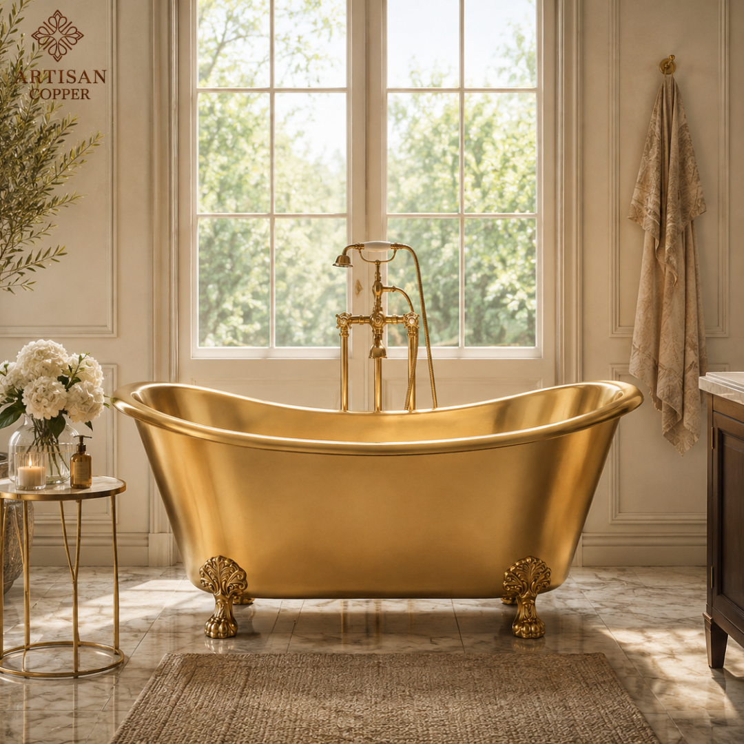 Artisan Copper Brass Clawfoot Bathtub – Pure Brass Freestanding Tub with Shiny Brass Interior & Exterior, Brass Lion Paw Feet