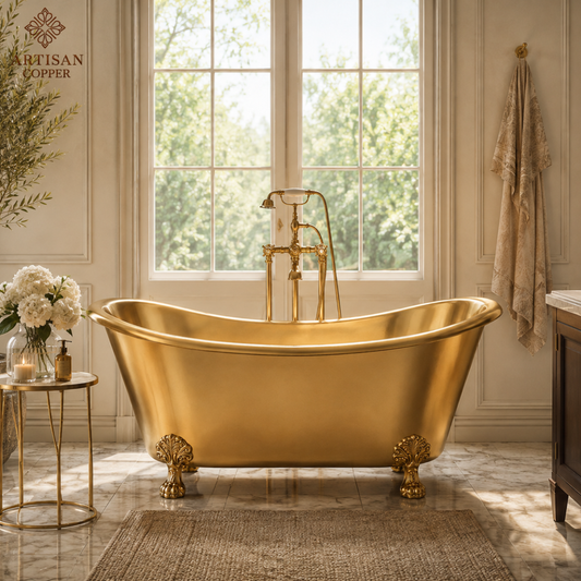 Artisan Copper Brass Clawfoot Bathtub – Pure Brass Freestanding Tub with Shiny Brass Interior & Exterior, Brass Lion Paw Feet
