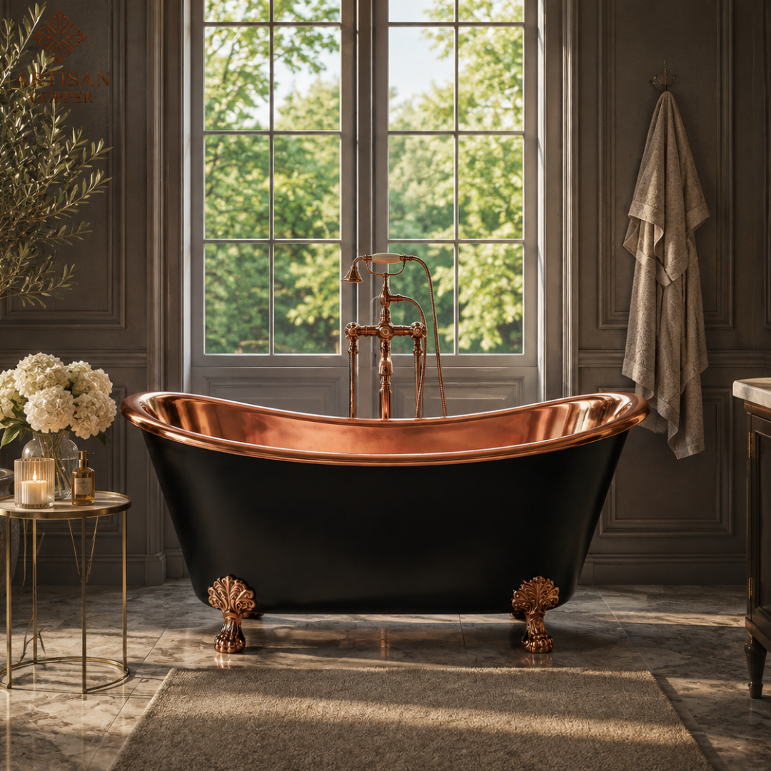 Artisan Copper Black Clawfoot Bathtub – 99.9% Pure Copper Freestanding Tub with Shiny Copper Interior & Copper Lion Paw Feet