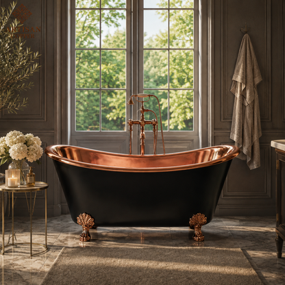 Artisan Copper Black Clawfoot Bathtub – 99.9% Pure Copper Freestanding Tub with Shiny Copper Interior & Copper Lion Paw Feet