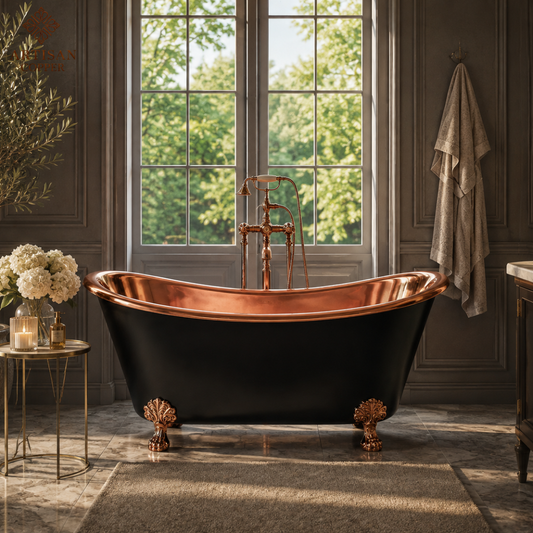 Artisan Copper Black Clawfoot Bathtub – 99.9% Pure Copper Freestanding Tub with Shiny Copper Interior & Copper Lion Paw Feet