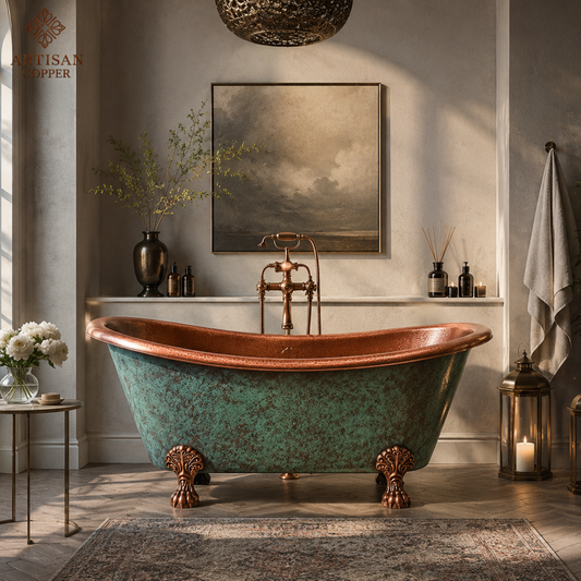 Artisan Copper Patina Clawfoot Freestanding Bathtub – Hand-Hammered Antique Copper Interior with Blue-Green Patina Exterior & Lion Paw Feet