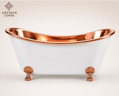 Artisan Copper White Clawfoot Bathtub – 99.9% Pure Copper Freestanding Tub with Shiny Copper Interior & Copper Lion Paw Feet