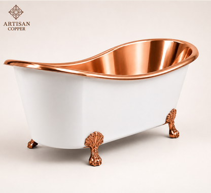 Artisan Copper White Clawfoot Bathtub – 99.9% Pure Copper Freestanding Tub with Shiny Copper Interior & Copper Lion Paw Feet