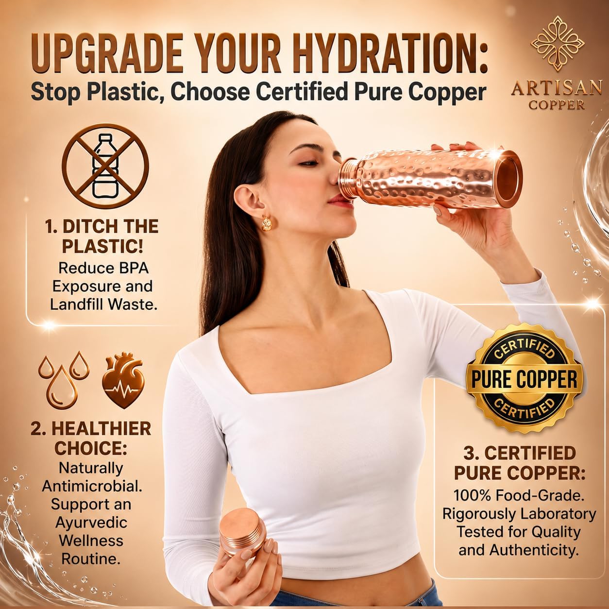 Artisan Copper 100% Pure Hammered Copper Water Bottle (32 oz / 950 ml) with Wooden Cleaning Brush