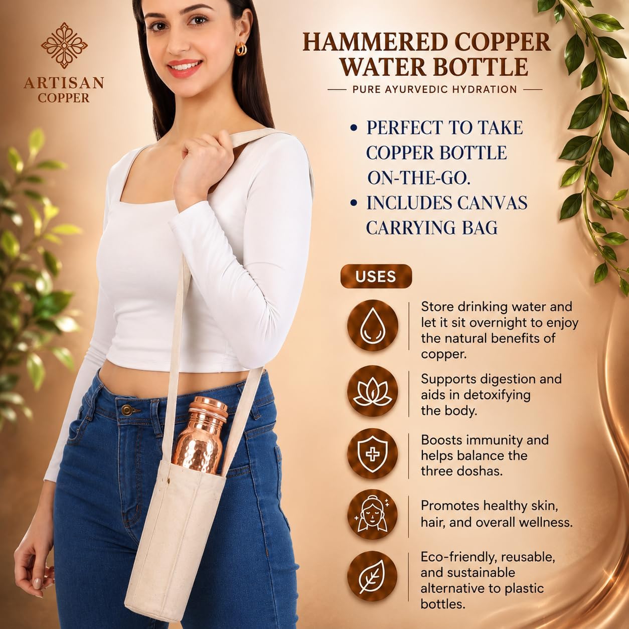 Artisan Copper Pure Copper Diamond Hammered Water Bottle (32 oz / 950 ml) with Canvas Carrying Bag & Wooden Cleaning Brush