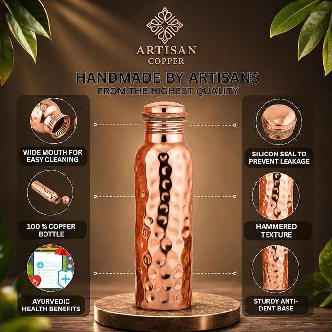Artisan Copper 100% Pure Hammered Copper Water Bottle (32 oz / 950 ml) with Wooden Cleaning Brush