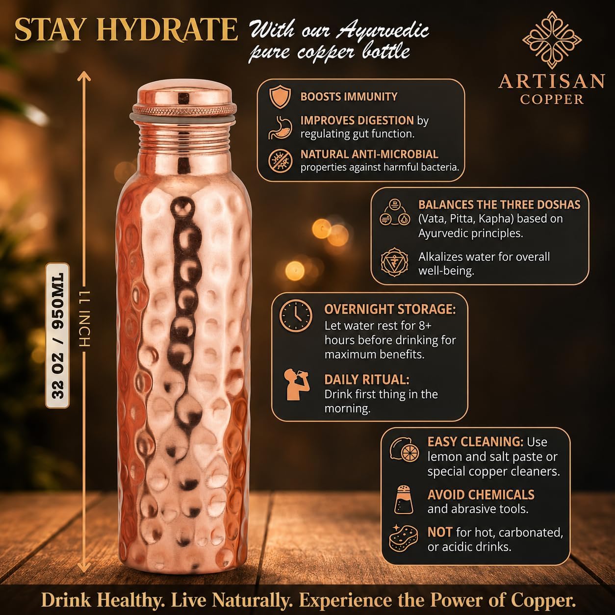 Artisan Copper 100% Pure Hammered Copper Water Bottle (32 oz / 950 ml) with Wooden Cleaning Brush