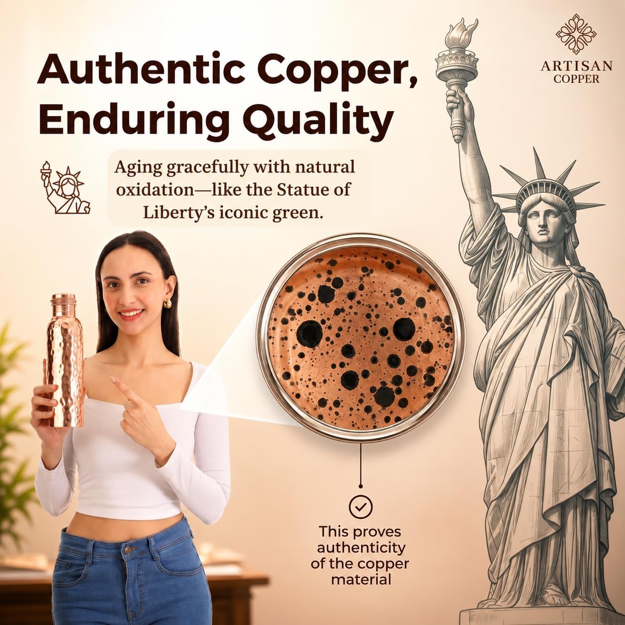 Artisan Copper 100% Pure Hammered Copper Water Bottle (32 oz / 950 ml) with Wooden Cleaning Brush