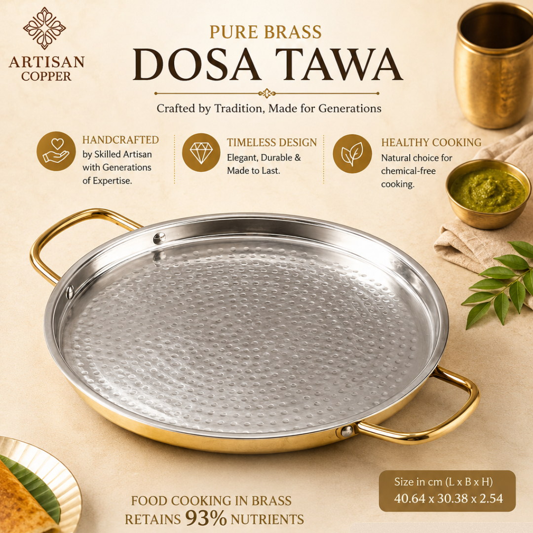 Brass Dosa Tawa – Pure Brass Handcrafted Tin-Lined Indian Griddle, 16 × 12 Inch
