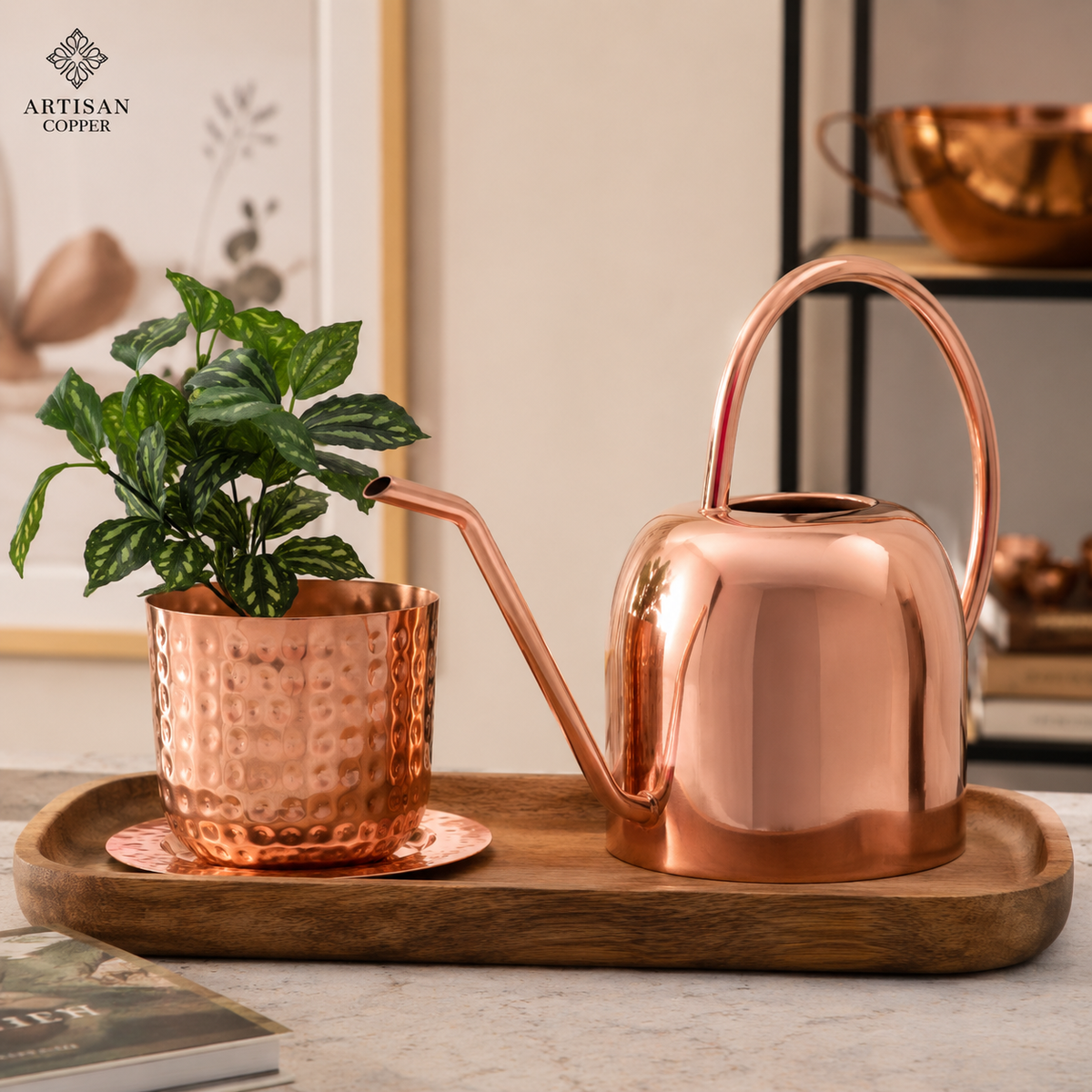 Copper Plated Watering Can with Indoor Planter & Tray Set – 2 Liter Watering Can, Decorative Indoor Plant Pot & Catch Tray
