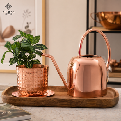 Copper Plated Watering Can with Indoor Planter & Tray Set – 2 Liter Watering Can, Decorative Indoor Plant Pot & Catch Tray