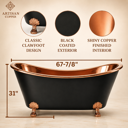 Artisan Copper Black Clawfoot Bathtub – 99.9% Pure Copper Freestanding Tub with Shiny Copper Interior & Copper Lion Paw Feet