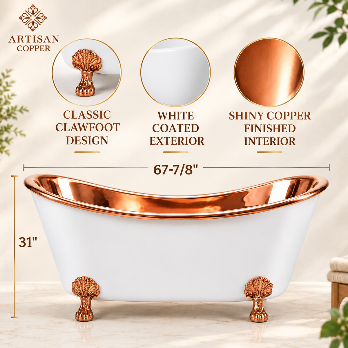 Artisan Copper White Clawfoot Bathtub – 99.9% Pure Copper Freestanding Tub with Shiny Copper Interior & Copper Lion Paw Feet