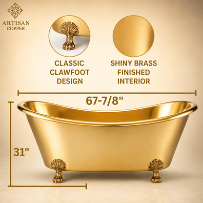 Artisan Copper Brass Clawfoot Bathtub – Pure Brass Freestanding Tub with Shiny Brass Interior & Exterior, Brass Lion Paw Feet