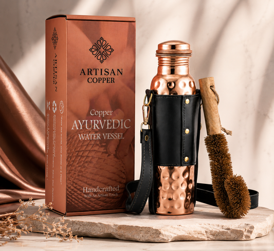 Pure Copper Hammered Bottle (32oz/950ml) With Leather Sling Bag & Wooden Cleaning Brush.