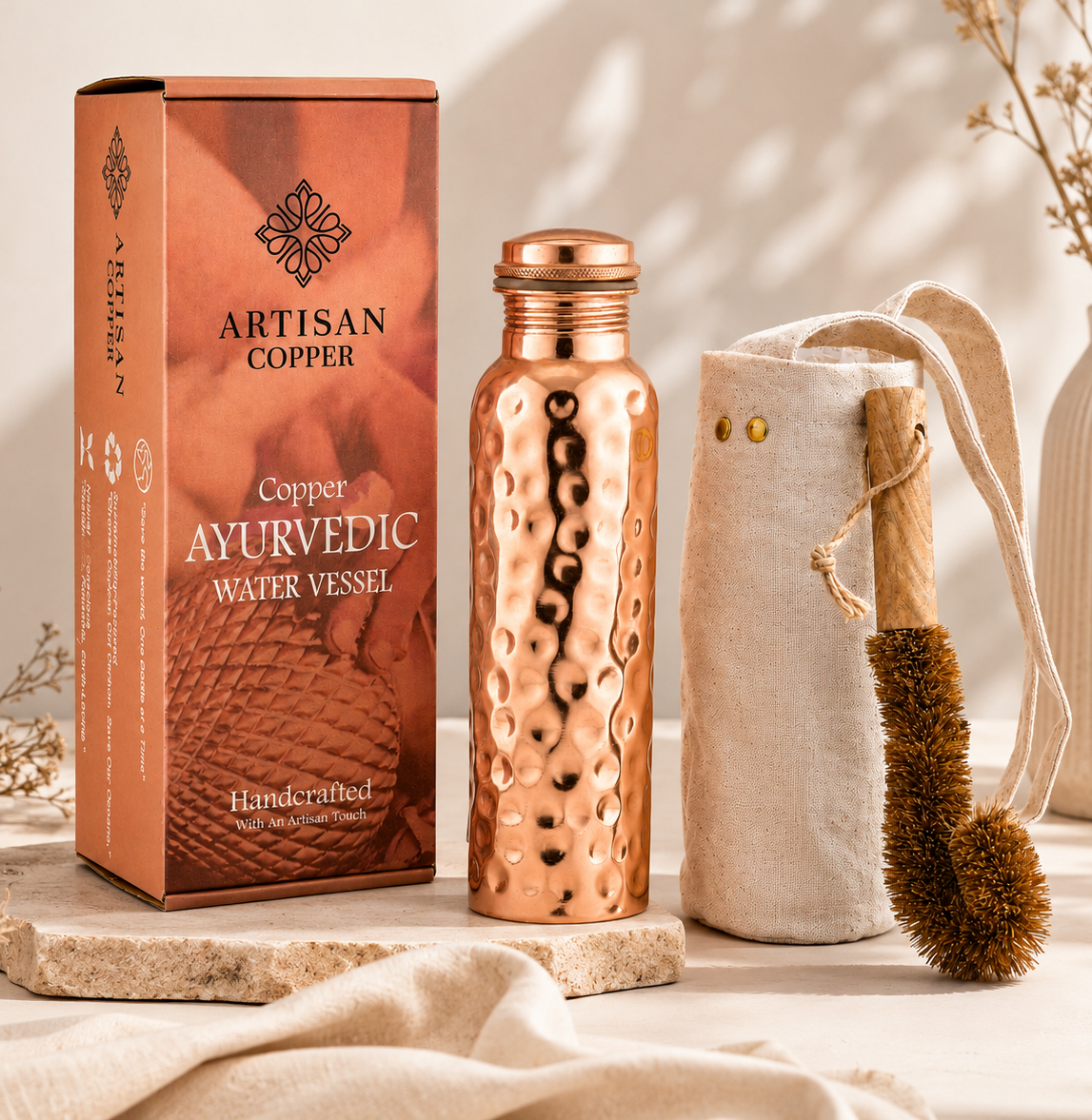 Artisan Copper Pure Copper Hammered Water Bottle (32 oz / 950 ml) with Canvas Carrying Bag & Wooden Cleaning Brush