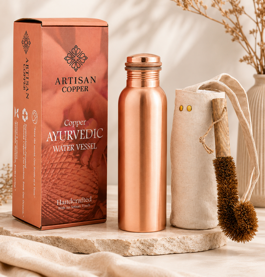 Artisan Copper Pure Copper Smooth Water Bottle (32 oz / 950 ml) with Canvas Carrying Bag & Wooden Cleaning Brush