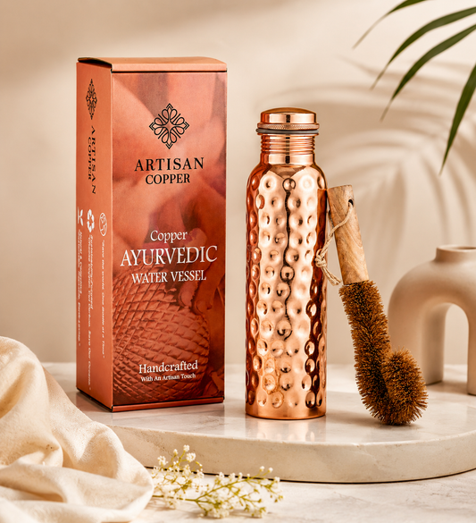 Artisan Copper 100% Pure Hammered Copper Water Bottle (32 oz / 950 ml) with Wooden Cleaning Brush