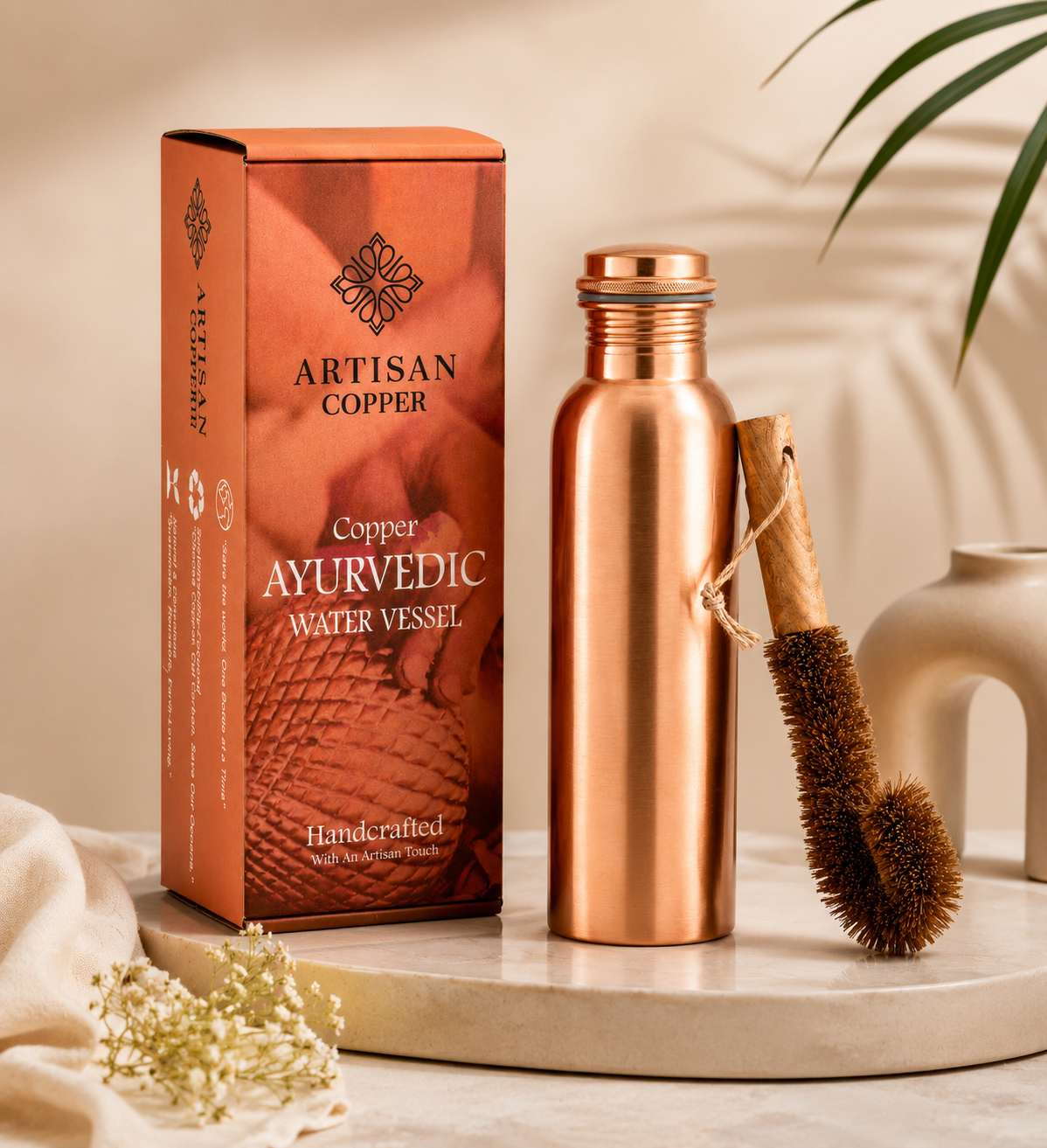 Artisan Copper Pure Copper Smooth Water Bottle (32 oz / 950 ml) with Wooden Cleaning Brush