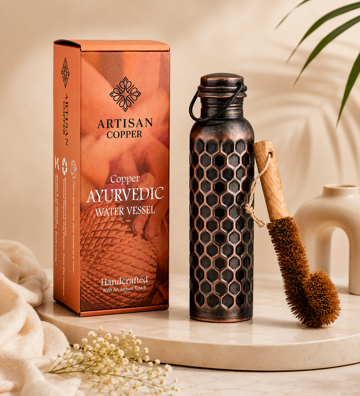 Artisan Copper Diamond Hammered Pure Copper Water Bottle (32 oz / 950 ml) with Wooden Cleaning Brush