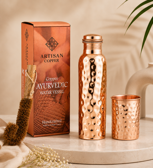 Artisan Copper Pure Hammered Copper Water Bottle (32 oz / 950 ml) with Copper Tumbler & Wooden Cleaning Brush