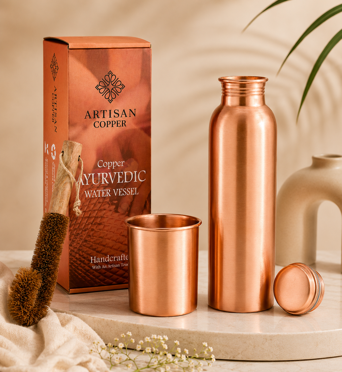 Artisan Copper Pure Copper Smooth Water Bottle (32 oz / 950 ml) with Copper Tumbler & Wooden Cleaning Brush