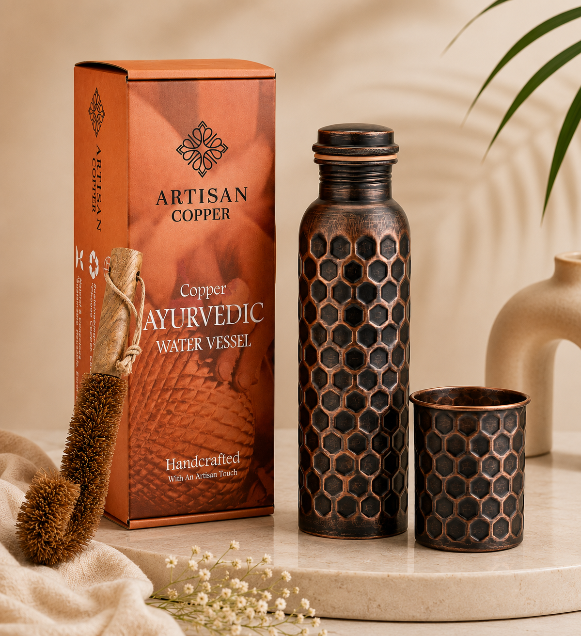 Artisan Copper Pure Copper Diamond Hammered Water Bottle (32 oz / 950 ml) with Copper Tumbler & Wooden Cleaning Brush