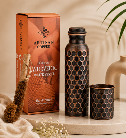 Copper Diamond Hammered Water Bottle (32 oz / 950 ml) with Copper Tumbler & Wooden Cleaning Brush