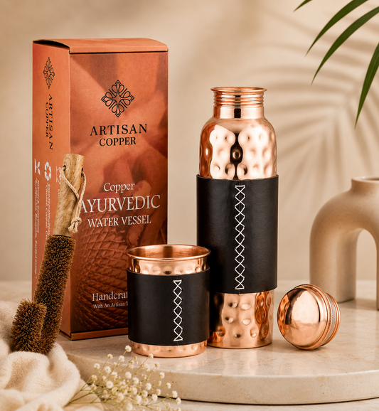 Artisan Copper Pure Copper Hammered Water Bottle (32 oz / 950 ml) with Copper Tumbler, Leather Sleeve & Wooden Cleaning Brush