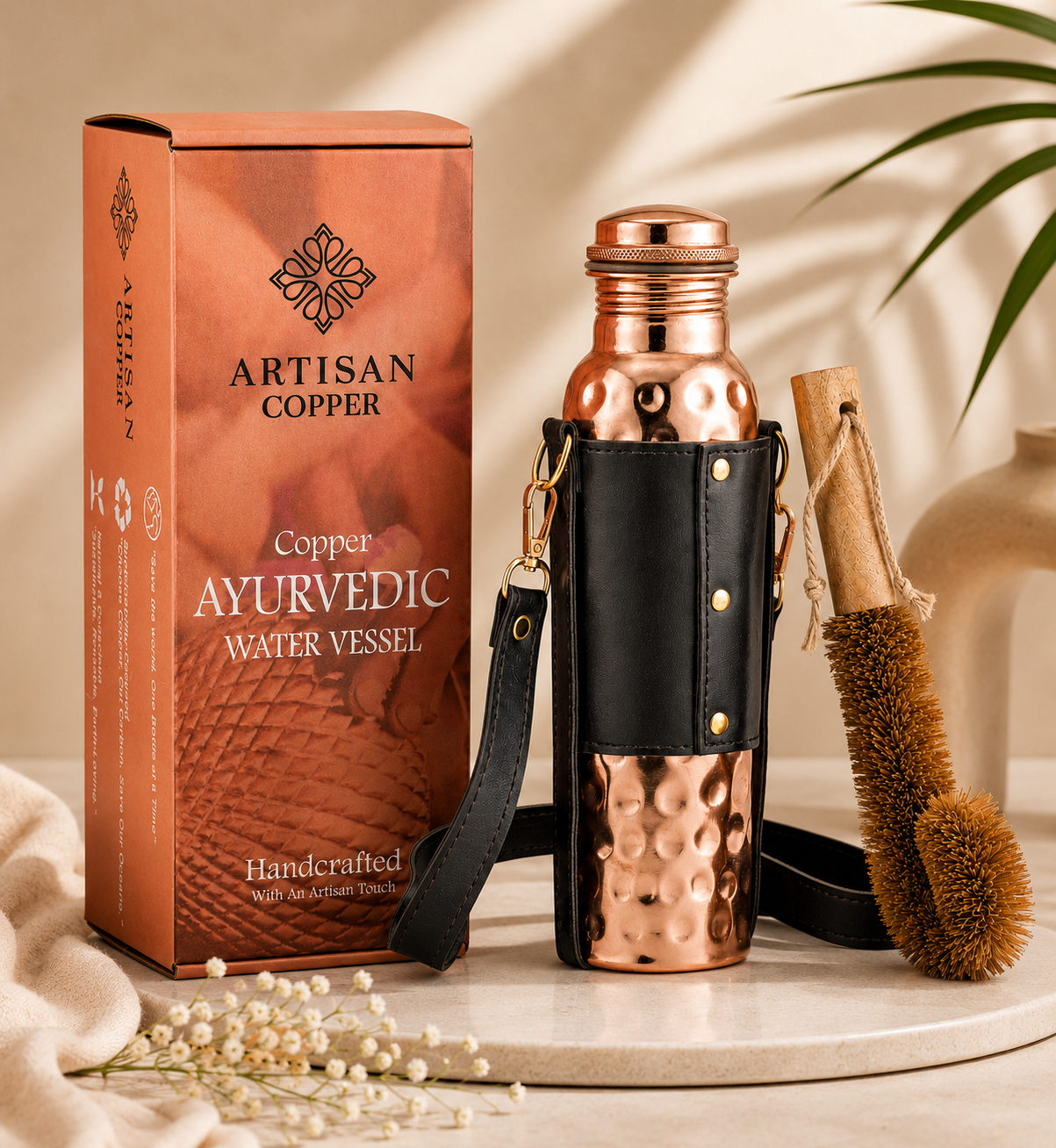 Artisan Copper Pure Copper Hammered Water Bottle (32 oz / 950 ml) with Leather Sling Bag & Wooden Cleaning Brush