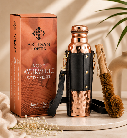 Artisan Copper Pure Copper Hammered Water Bottle (32 oz / 950 ml) with Leather Sling Bag & Wooden Cleaning Brush