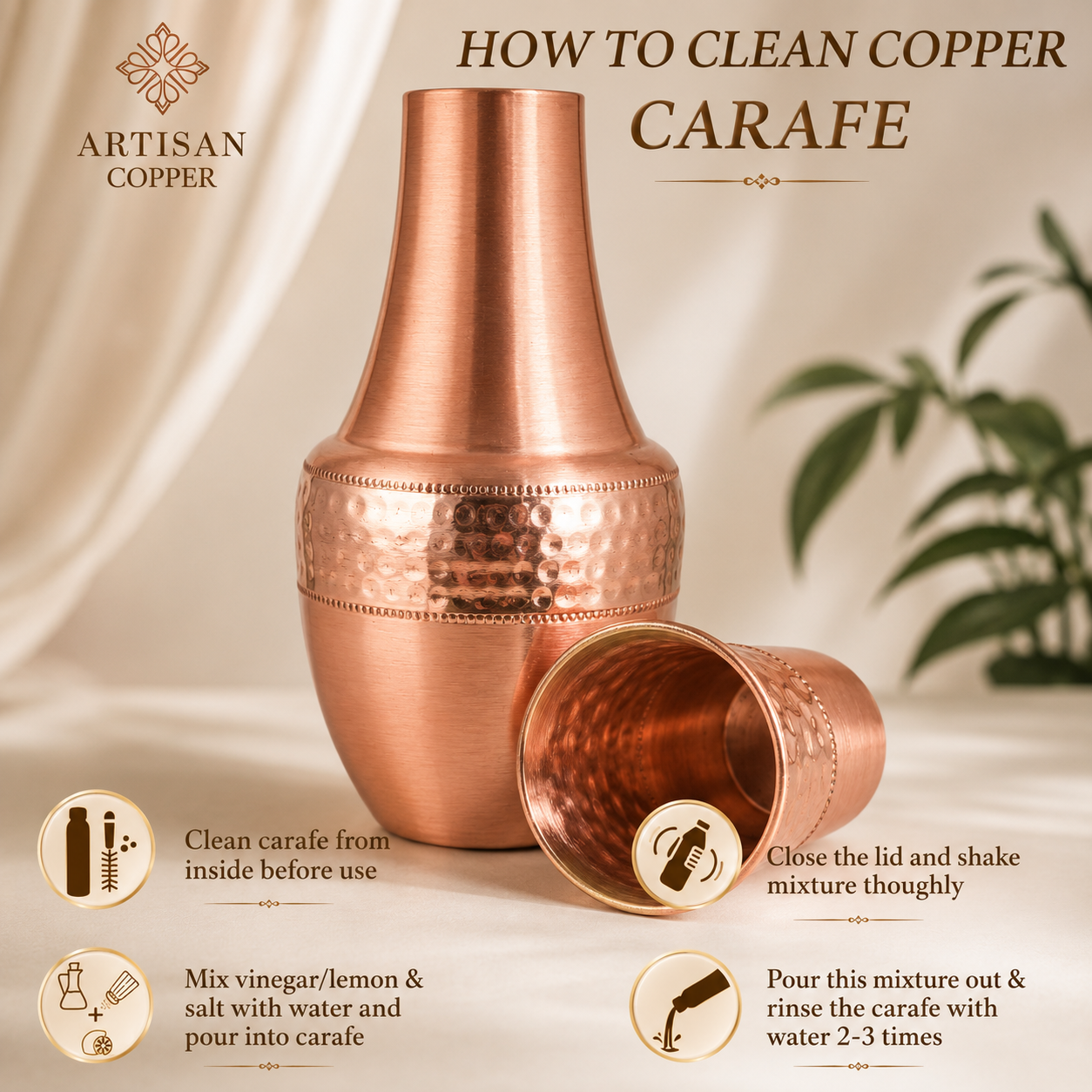 Artisan Copper Pure Copper Bedside Carafe with Tumbler, 1.4 L, Food Grade Handcrafted Copper Water Carafe Set for Bedroom, Nightstand, Office & Home