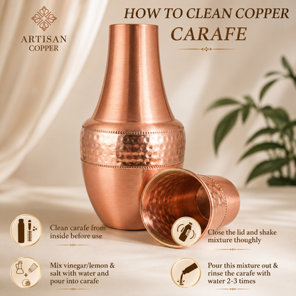 Copper Bedside Carafe with Tumbler, 1.4 L, Food Grade Handcrafted Copper Water Carafe Set for Bedroom, Nightstand