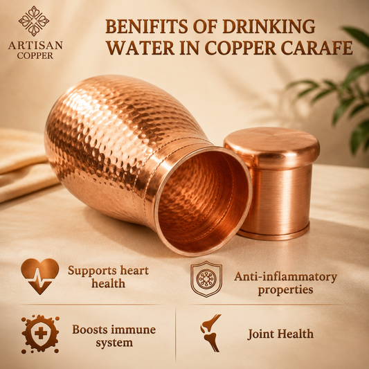 Artisan Copper Pure Copper Bedside Carafe (1.4L) with Tumbler – Pure Food-Grade Handcrafted Copper Water Carafe Set for Bedroom, Nightstand, Office & Home