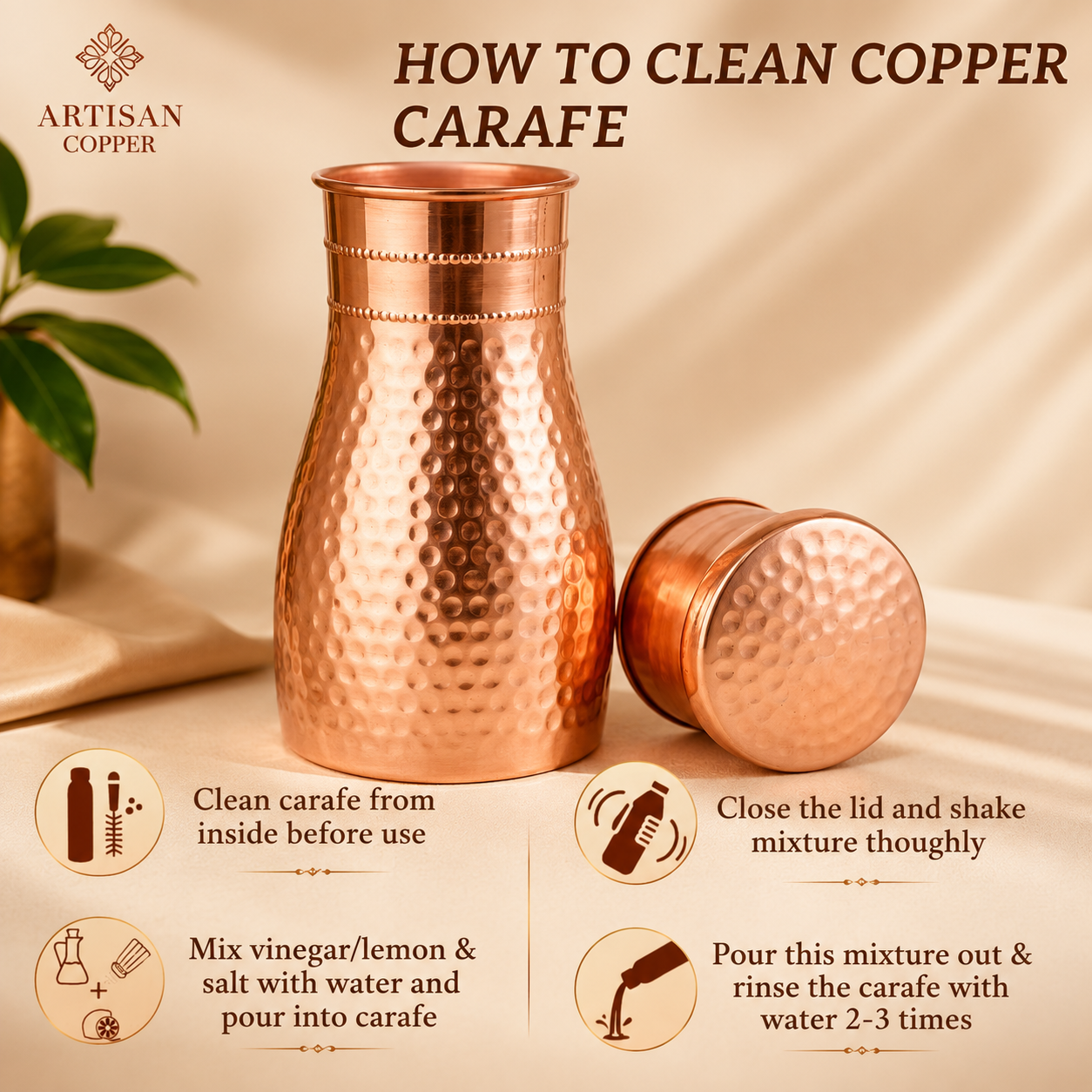Artisan Copper Pure Copper Bedside Carafe (1.4L) with Tumbler – Pure Food-Grade Handcrafted Copper Water Carafe Set for Bedroom, Nightstand, Office & Home