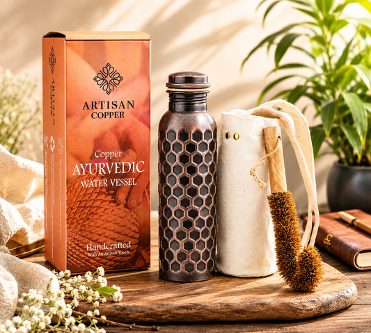 Artisan Copper Pure Copper Diamond Hammered Water Bottle (32 oz / 950 ml) with Canvas Carrying Bag & Wooden Cleaning Brush